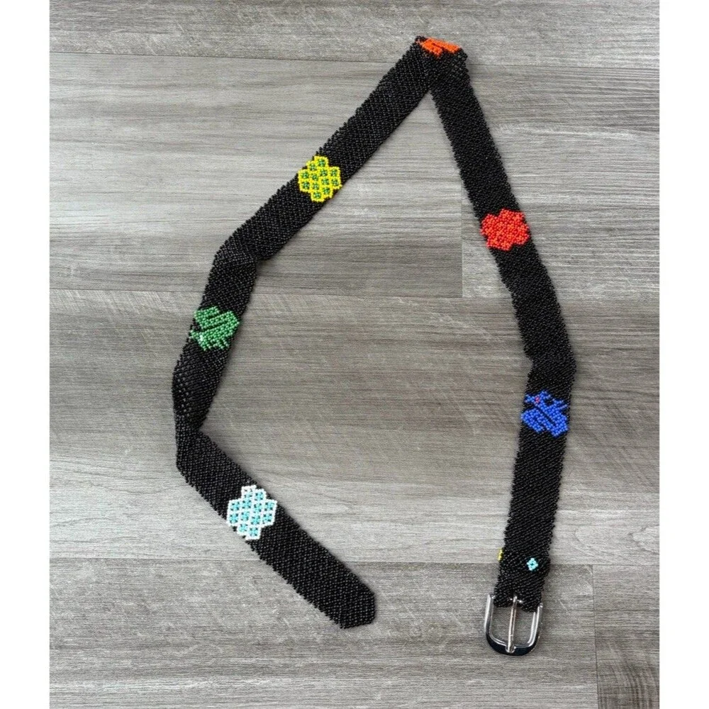 Womens Black Beaded Belt Size M Buckle Hippie Boho Indie